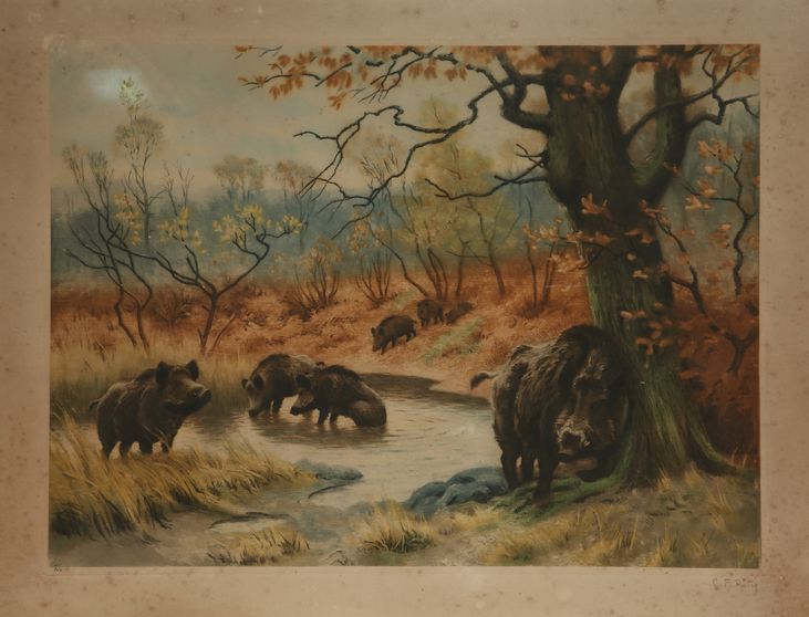 Null 乔治-弗雷德里克-罗蒂格（Georges Frédéric ROTIG）。野猪的公司。彩色雕版画，左边是211/350号，右边在版上签名。尺寸：51 &hellip;