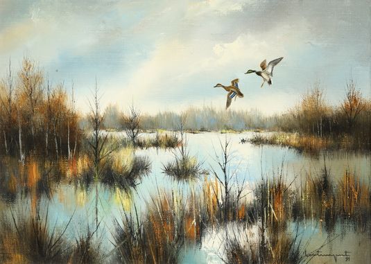 Null Jean Claude LESTRINGANT.几只野鸭在索洛涅的池塘上降落。布面油画，右下角有签名和日期。尺寸：24 x 33 cm