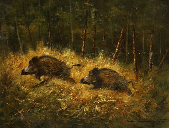 Null Jean Claude LESTRINGANT.两头野猪在奔跑。布面油画，右下角有签名。尺寸：27 x 35 cm