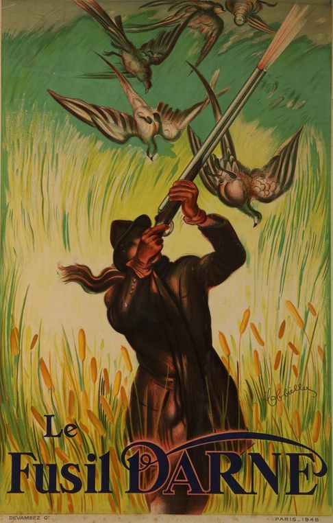 Null DARNE步枪。非常漂亮的彩色有框广告海报。DEVAMBEZ 雕刻家。1948年，巴黎。尺寸：72,5 x 47 cm