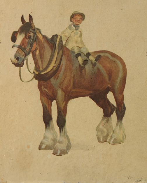 Null Cecil ALDIN. Young boy on a draft horse. Chromolithograph on isorel signed &hellip;