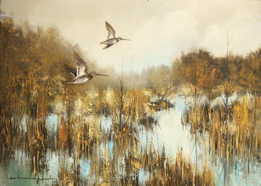 Null Jean Claude LESTRINGANT.沼泽地上的两只鹬鸟。布面油画，左下方有签名。尺寸：24 x 33 cm