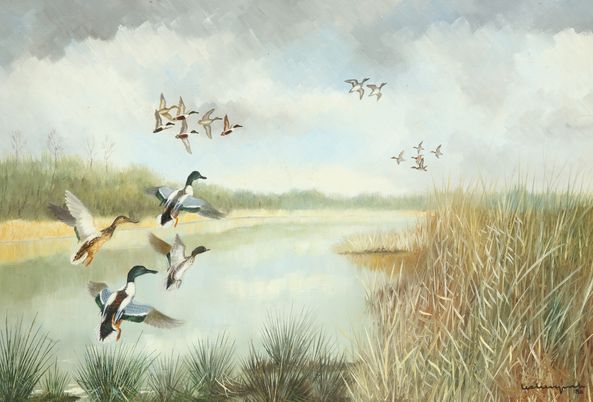 Null Jean Claude LESTRINGANT.鸭子在池塘上空飞翔。布面油画，右下方有签名和日期80。尺寸：38 x 55 cm