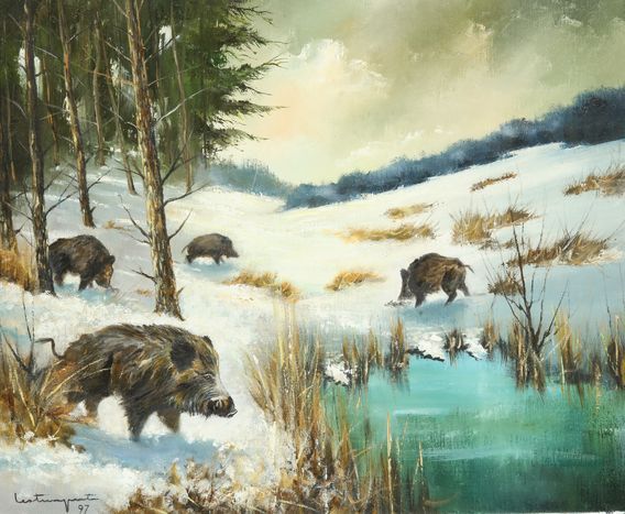 Null Jean Claude LESTRINGANT.雪地里的野猪连。画布油画，左下方有签名和日期97。尺寸：50 x 61 cm