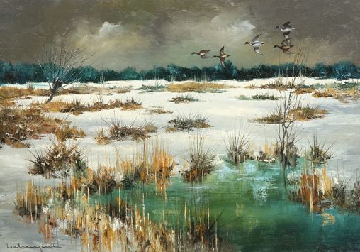 Null Jean Claude LESTRINGANT. Pintail sopra la palude innevata. Olio su tela fir&hellip;