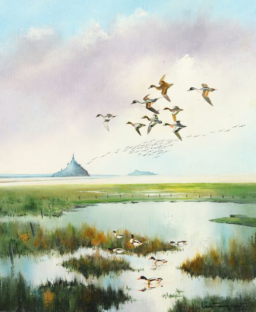 Null Jean Claude LESTRINGANT.圣米歇尔山海湾中飞行的凤头鹦鹉和水鸭。布面油画，右下角有签名和日期2000。尺寸：46 x 38 cm