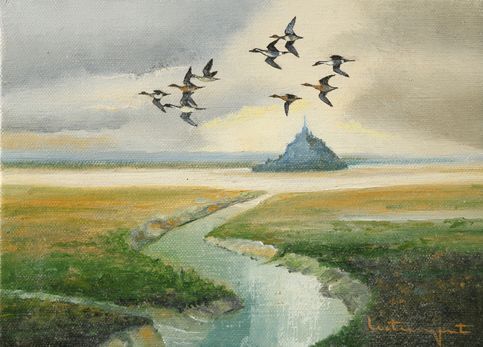 Null Jean Claude LESTRINGANT.圣米歇尔山上空的松鸦飞行。布面油画，右下角有签名。尺寸：16 x 22 cm