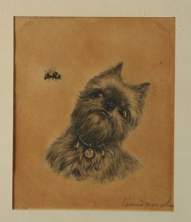 Null 莱昂-丹辛。小狗和一只大黄蜂。罕见的彩色石版画，左下角有编号150/500，右下角有签名。尺寸：23 x 19 cm