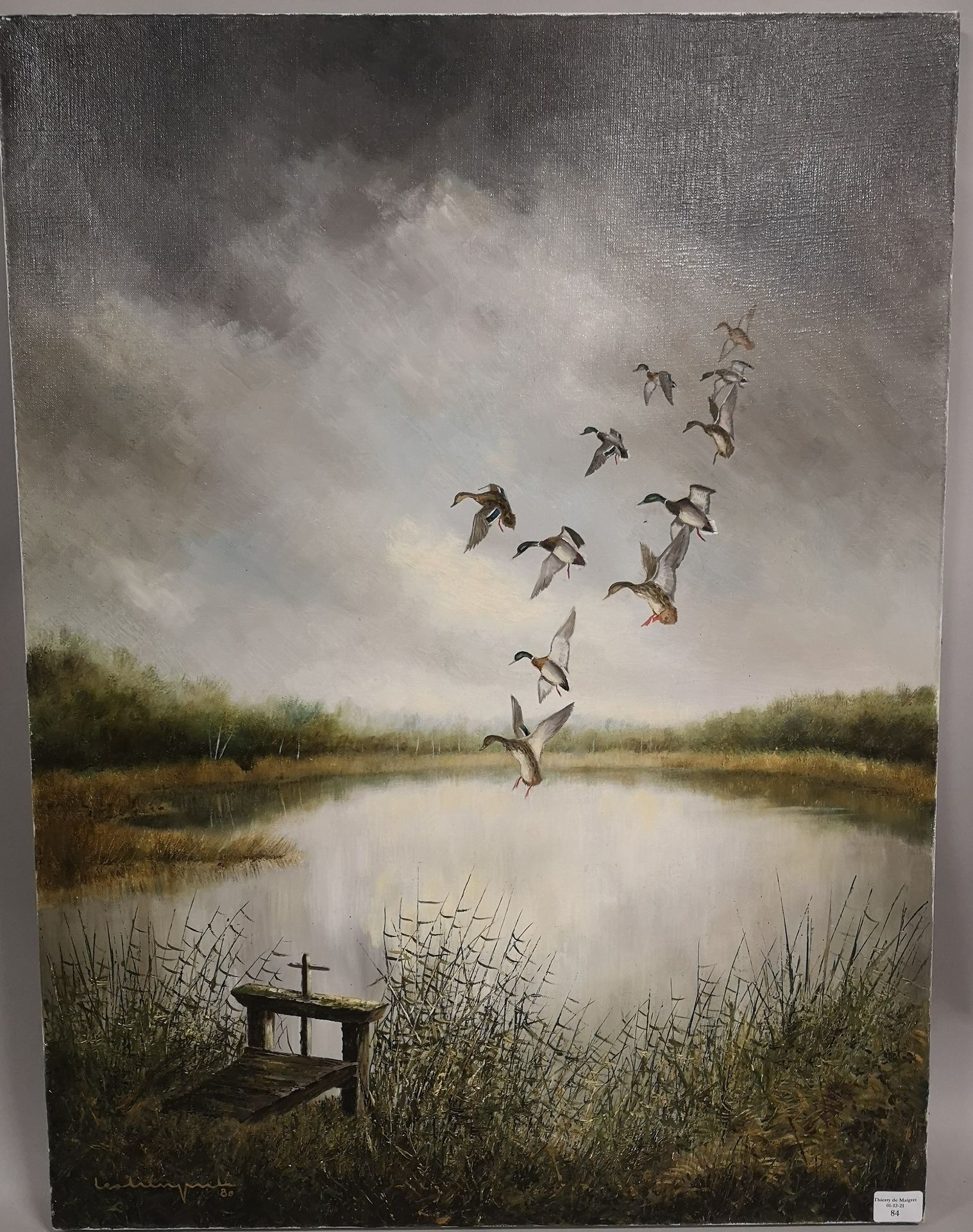 Null Jean Claude LESTRINGANT.索洛涅的野鸭子的姿态。画布油画，左下角有签名和日期80。尺寸：61 x 46 cm