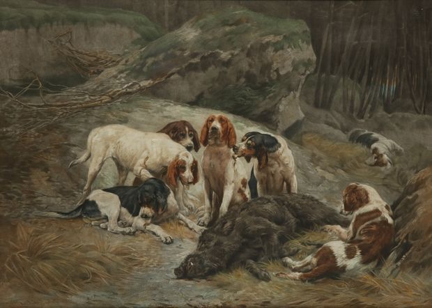 Null 朱尔斯-贝特朗-格利贝尔。猎杀野猪。有框架的彩色雕刻。约1890年。尺寸：50 x 70厘米