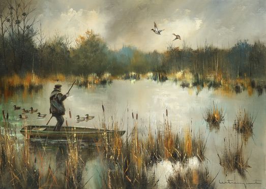 Null Jean Claude LESTRINGANT.沼泽地上的夜幕降临。布面油画，右下角有签名。尺寸：33 x 46 cm