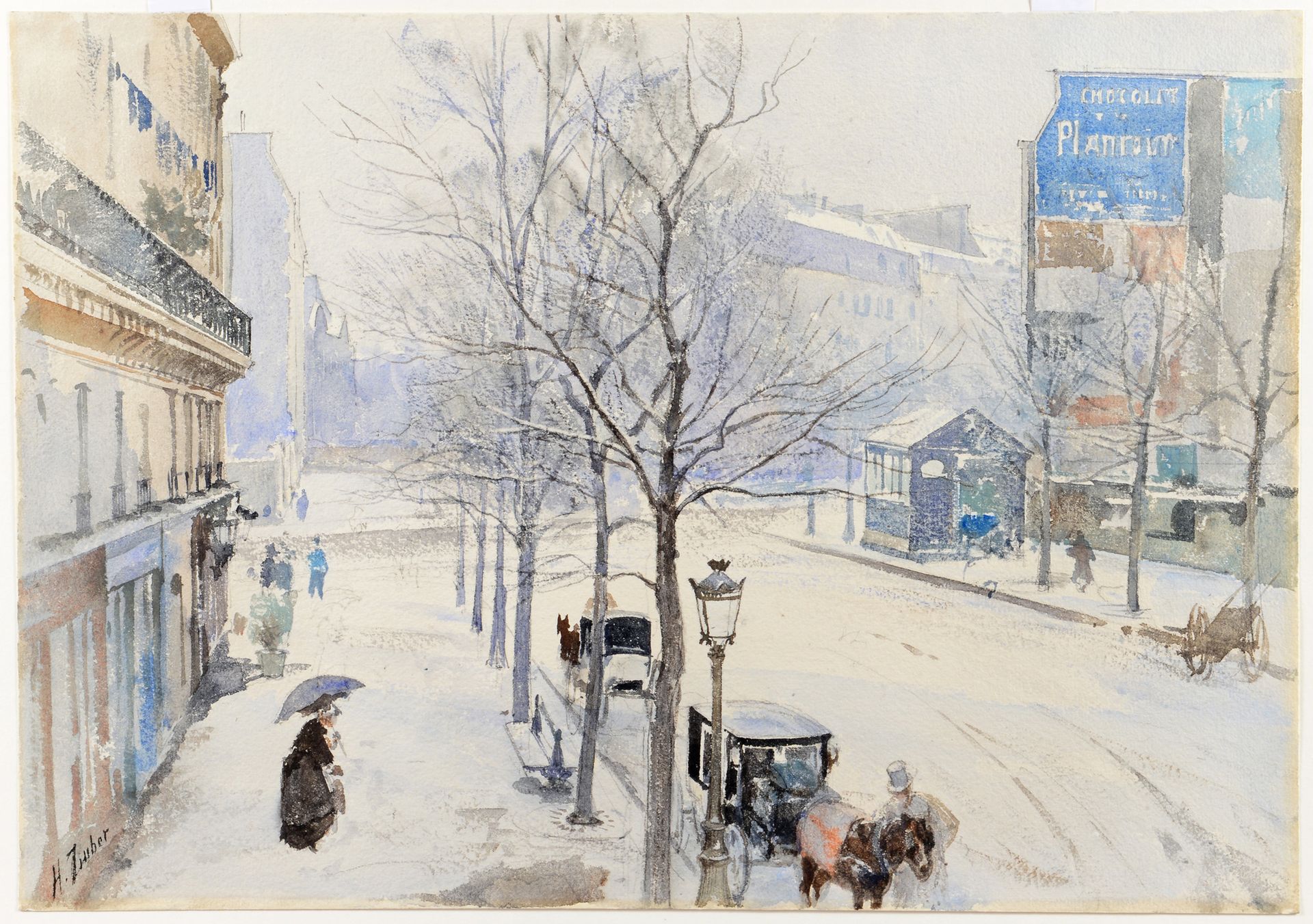 Henri ZUBER (Rixheim 1844 - Paris 1909) 巴黎Raspail大道，雪下
黑色铅笔线条上的水彩画
左下角签名 H. Zube&hellip;