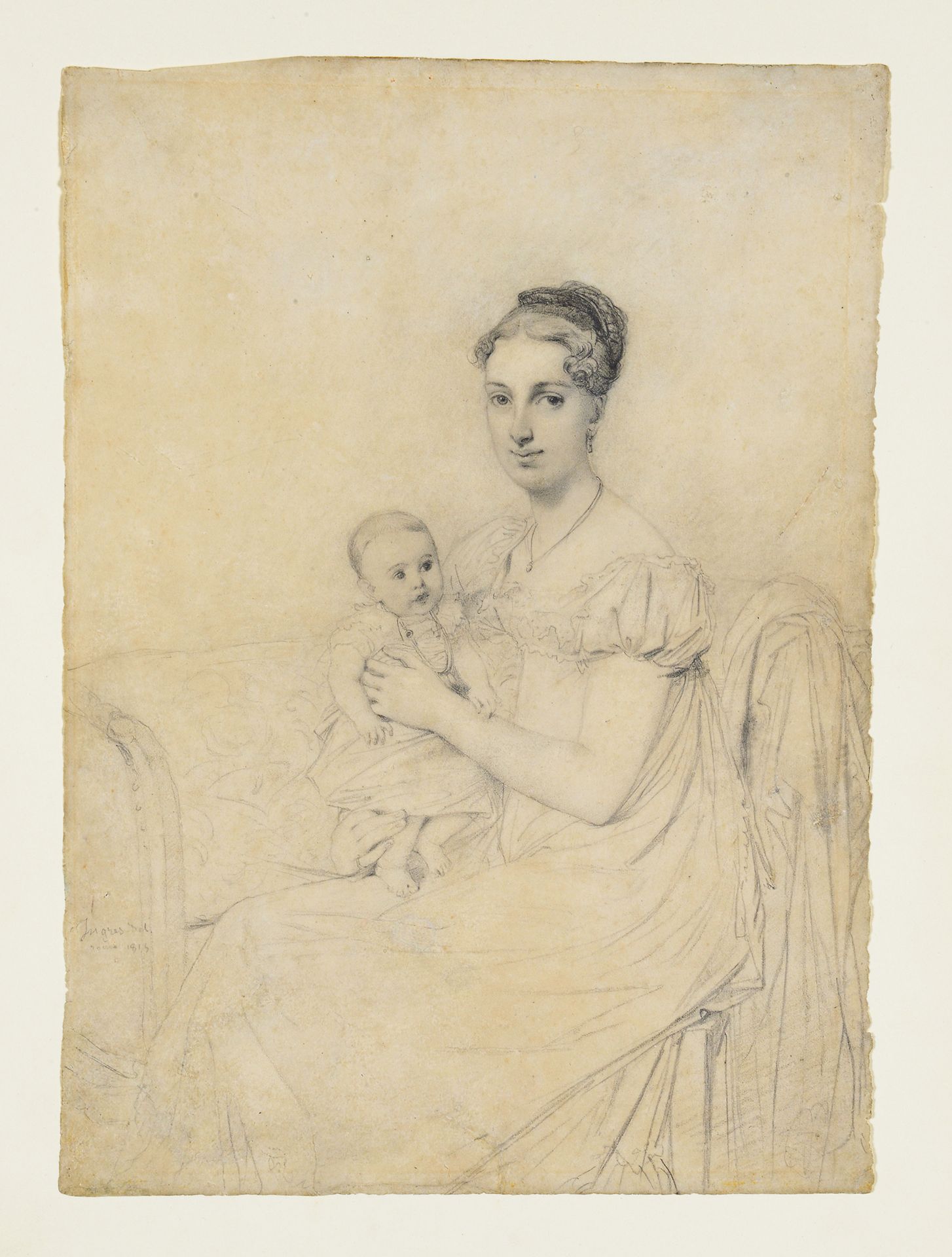 Jean Auguste Dominique INGRES (Montauban 1780 - Paris 1867) 母亲和她的孩子的肖像
黑石，左下角有签名&hellip;