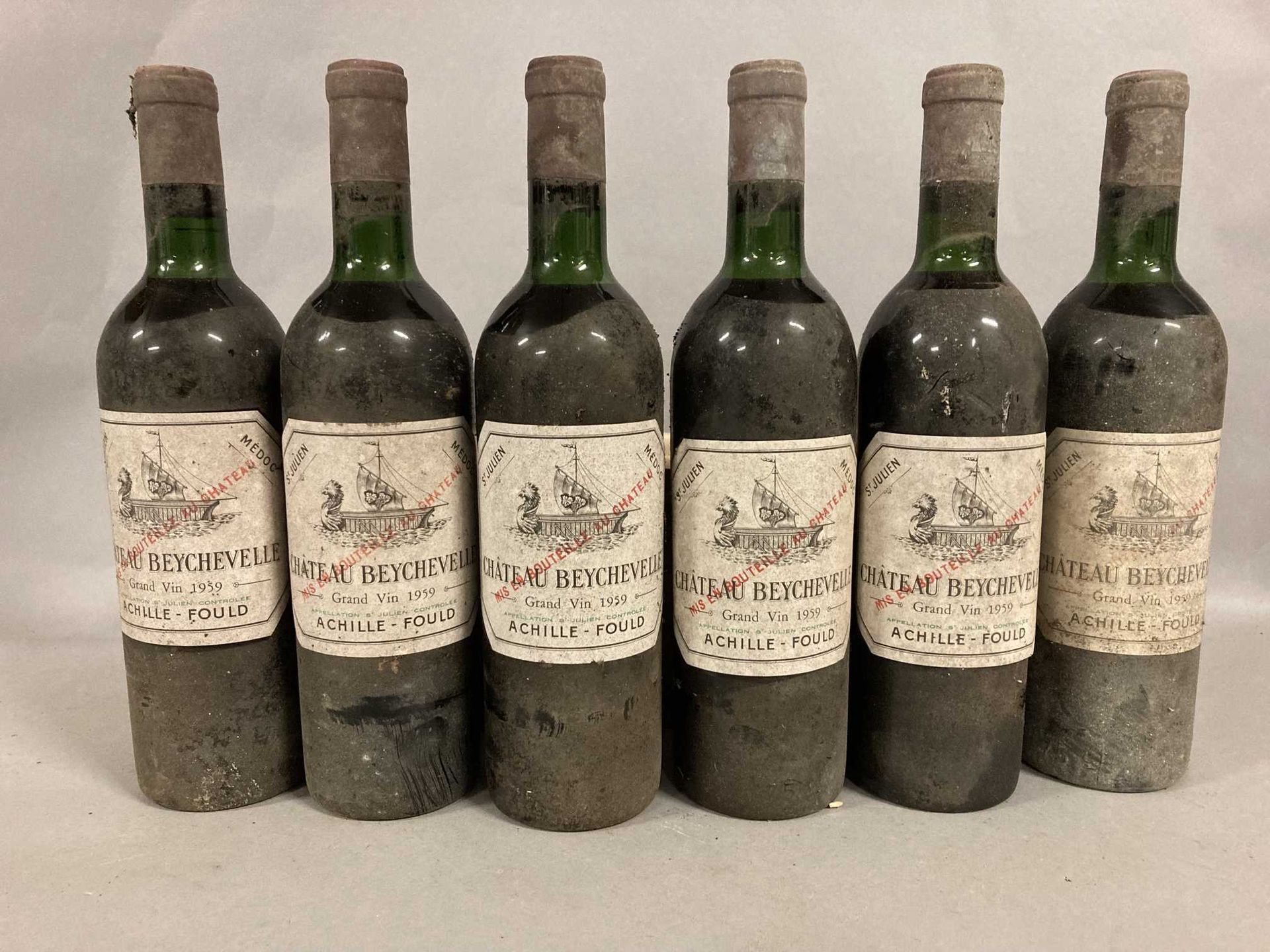 Null 6 bottiglie Château BEYCHEVELLE, 4° cru Saint-Julien 1959 (es, e, tappi leg&hellip;