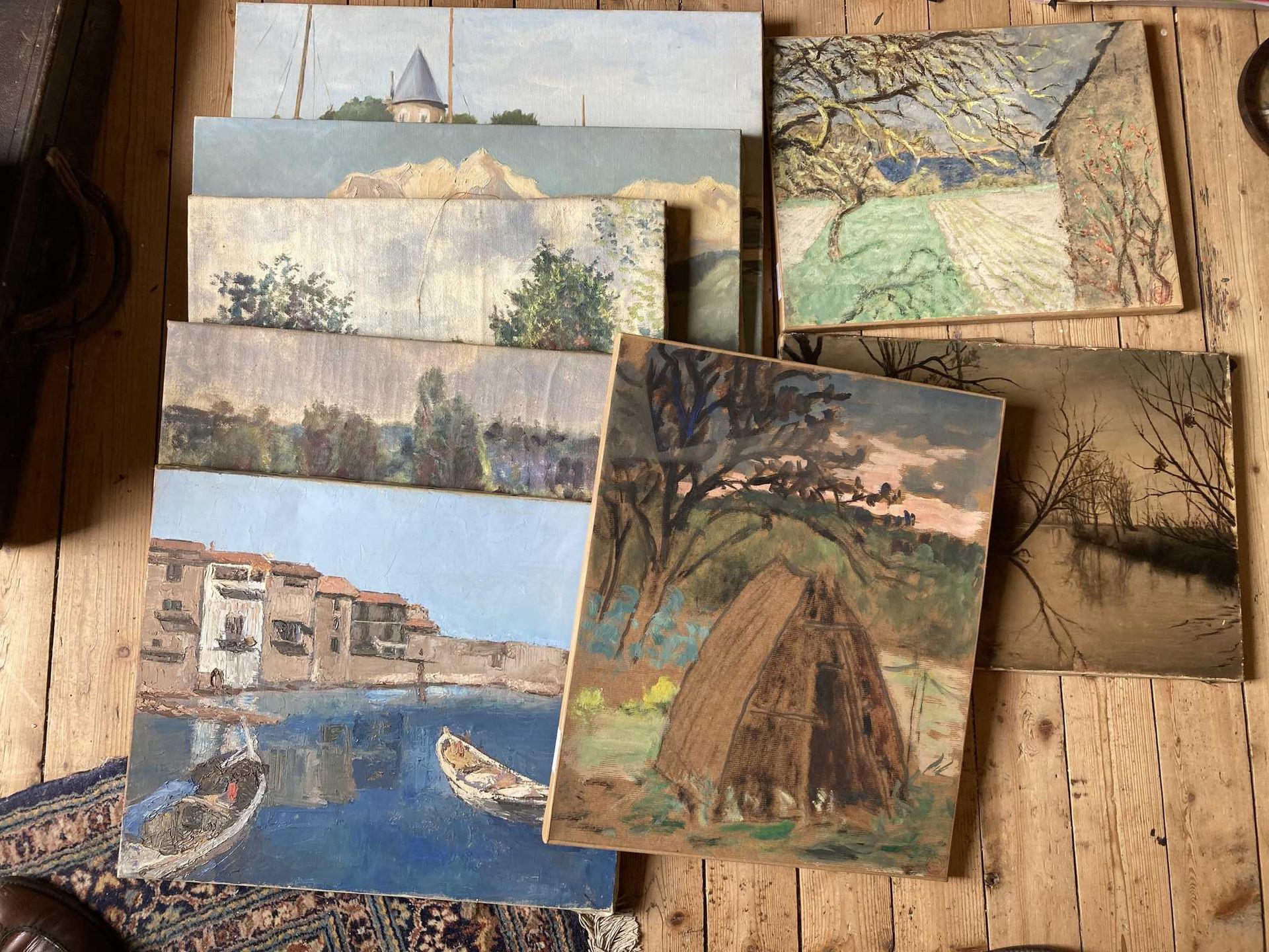 Null Lot of 8 landscapes on canvas. Signed Berrier and various (wear and small a&hellip;