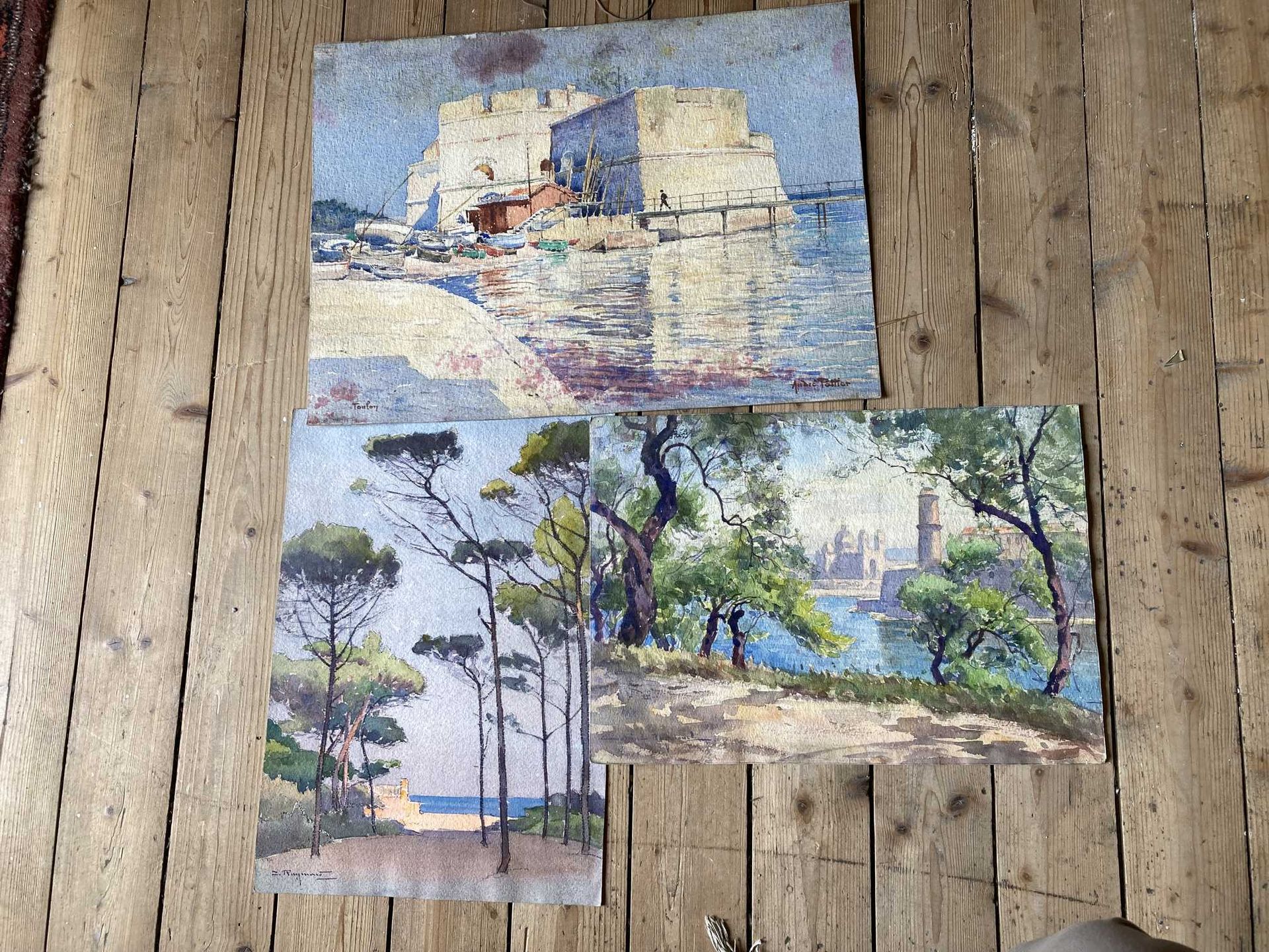 Null 土伦的景色 - Hyères的景色 - 马赛的景色。三幅纸上水彩画，未装裱。不同的签名，包括安德烈-波蒂尔。

尺寸：34 x 45厘米左右。