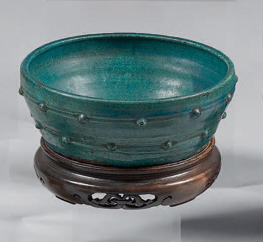 CHINE Circular stoneware bowl with turquoise blue glaze, decorated on the outer &hellip;