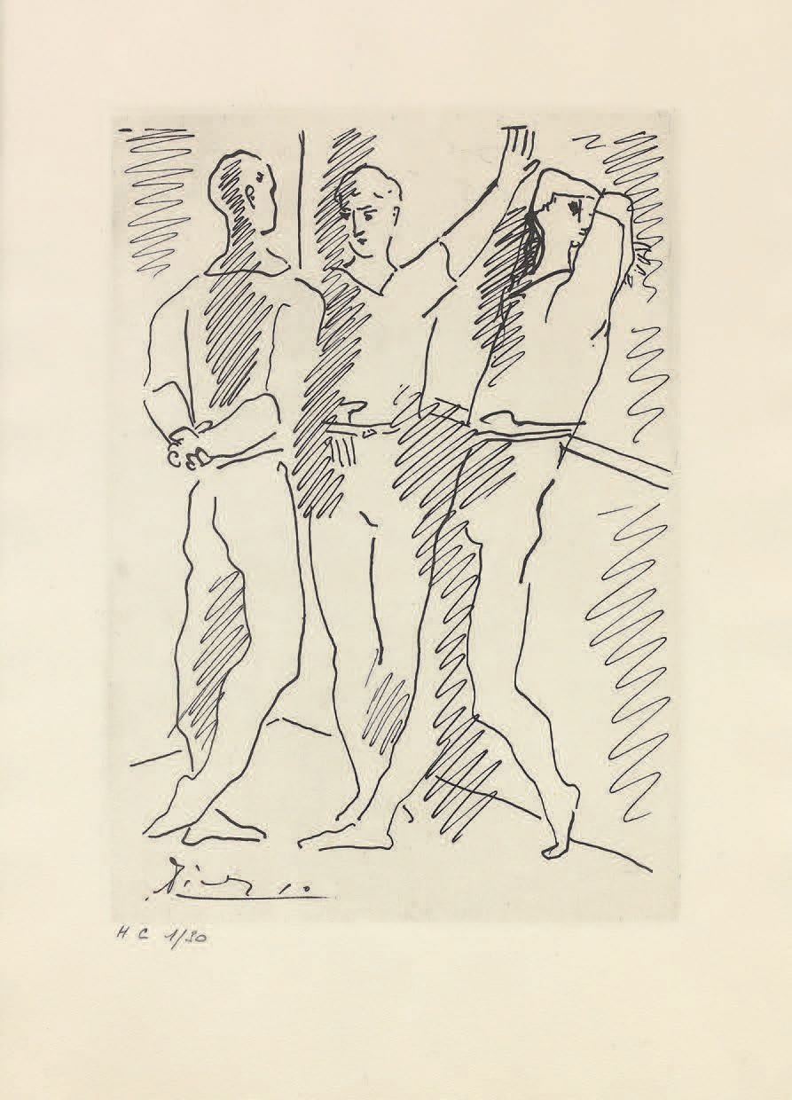 Pablo PICASSO (1881-1973) d'après 三个舞者
根据图画在牛皮纸上打印，在版上签名，左下角提到 "HC 1 / 30"。良好的利润&hellip;