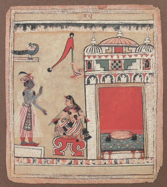 Null 来自Rasikapriya的微型画
纸上多色颜料和黄金。
北印度，Orchha，约1615年。
 （明显的磨损，边缘有小的损失）。
20 x 17.5&hellip;