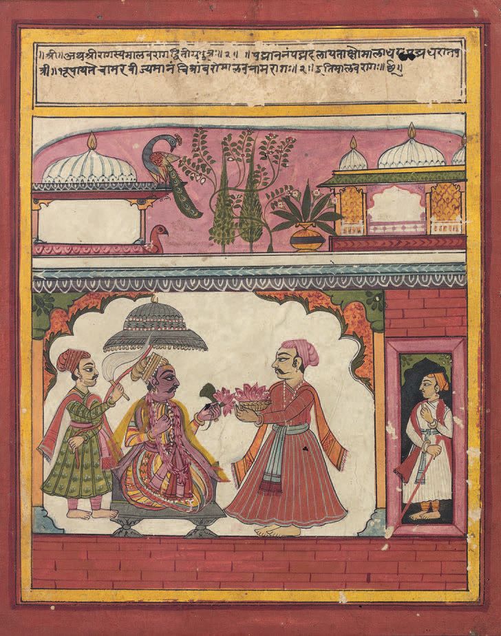 Null 宫廷场景
纸上多色颜料和黄金。
印度，可能是Sirohi，17-18世纪。
 （漆层有轻微改变，有明显磨损）。
27 x 22 cm
出处：法国私人收&hellip;