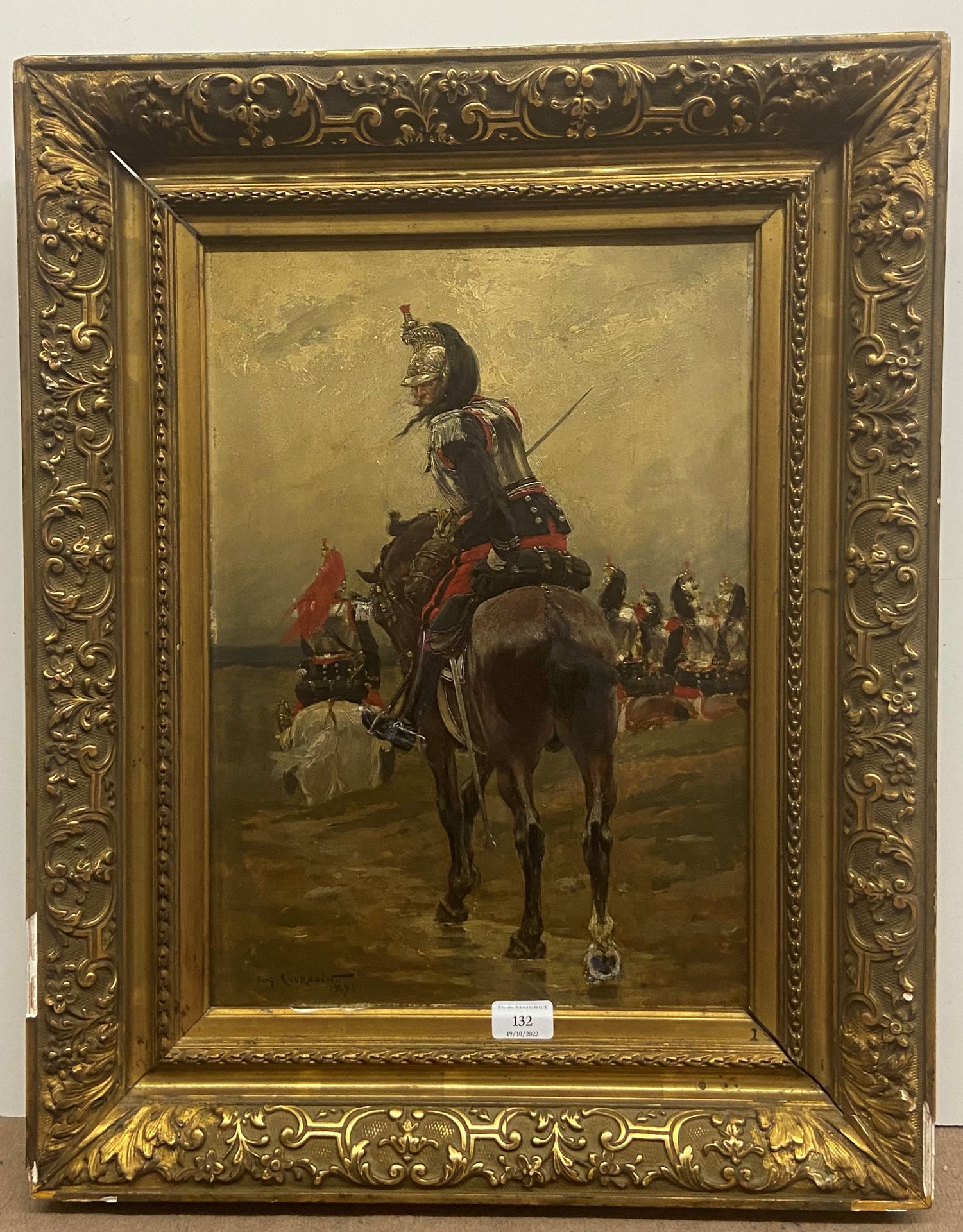 Eugène Courboin (1851/1915) 面板油画，左下角有签名和日期："Eug.Courboin 1892"，前景是一名骑兵军官，在他前面，左边&hellip;