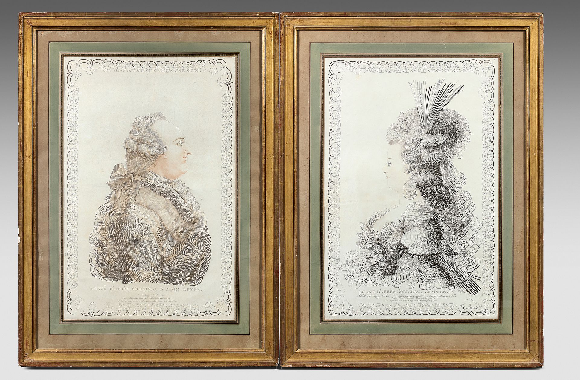 Null 两幅彩色蚀刻版画和干版画：路易十六和玛丽-安托瓦内特的侧面，仿照伯纳德，1787年，被称为 "au trait de plume "的书法肖像，铺纸。&hellip;