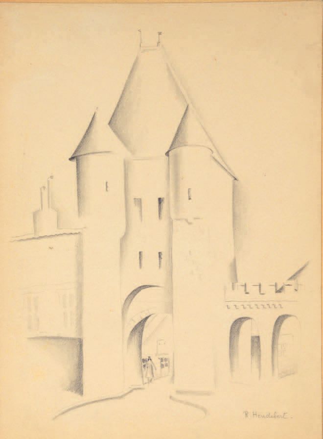 Raymonde HEUDEBERT (1905-1991) 一座城市的风景 六幅黑色铅笔和树桩画，底部有签名，右边有四幅，左边有两幅。
大约：31 x 23厘&hellip;