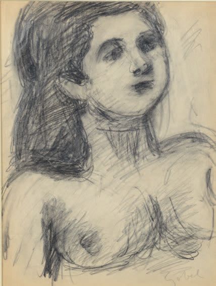 Béla Adalbert CZÓBEL (1883-1976) * 揭开胸罩的女人肖像
黑色铅笔和树桩画，右下方签名。
31 x 23.5 cm