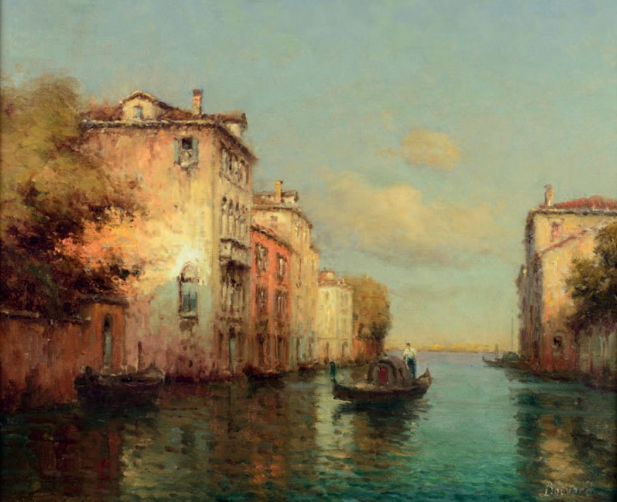 Antoine BOUVARD (1870-1955) 威尼斯，运河上的贡多拉
布面油画，右下方有签名。
38 x 46 厘米