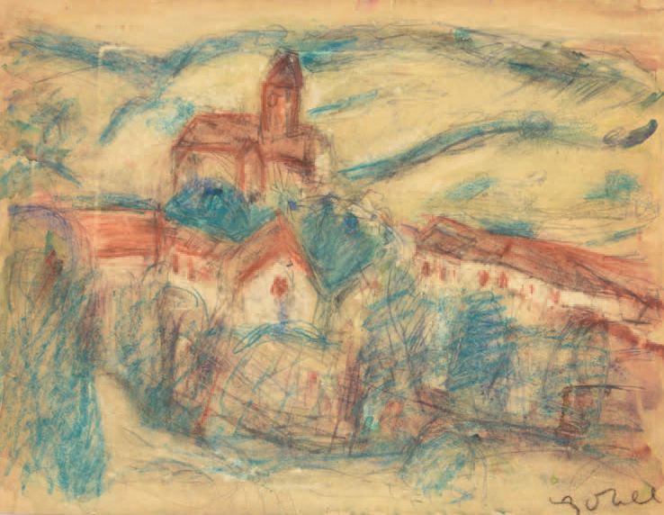Béla Adalbert CZÓBEL (1883-1976) 村庄教堂
粉彩画，右下角有签名（顶部有破损）。
50 x 66厘米