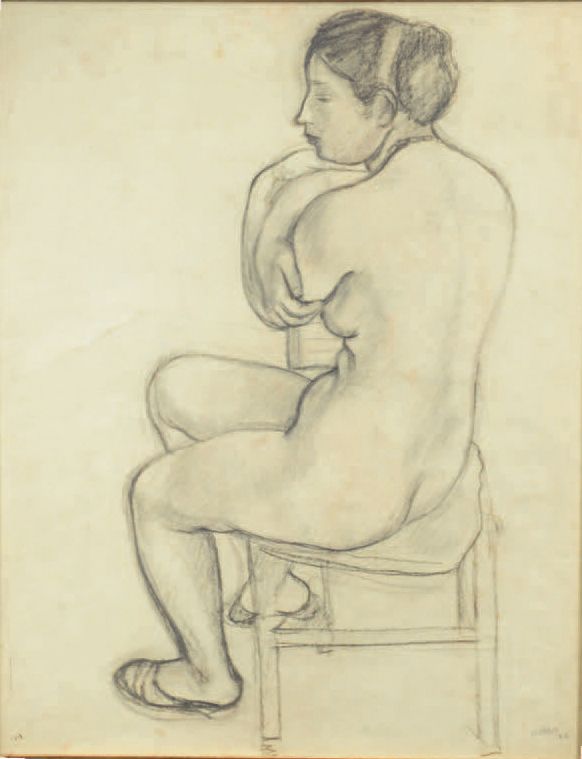 Georges KARS (1880-1945) 坐着的模特的四分之三视图，1926年
炭笔画和炭笔渍，右下方有签名和日期26。
59.5 x 47.5 cm