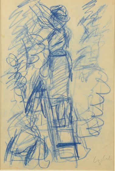 Béla Adalbert CZÓBEL (1883-1976) * 采摘水果
蓝色铅笔画，右下方有签名（折叠）。
38,5 x 25,5 cm