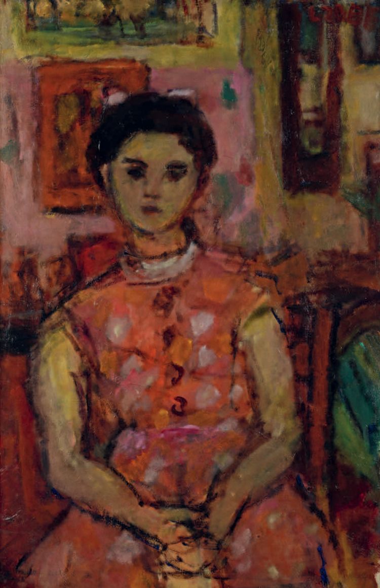 Béla Adalbert CZÓBEL (1883-1976) * 坐在室内的年轻女子
布面油画，右上方有签名。
92 x 60 cm