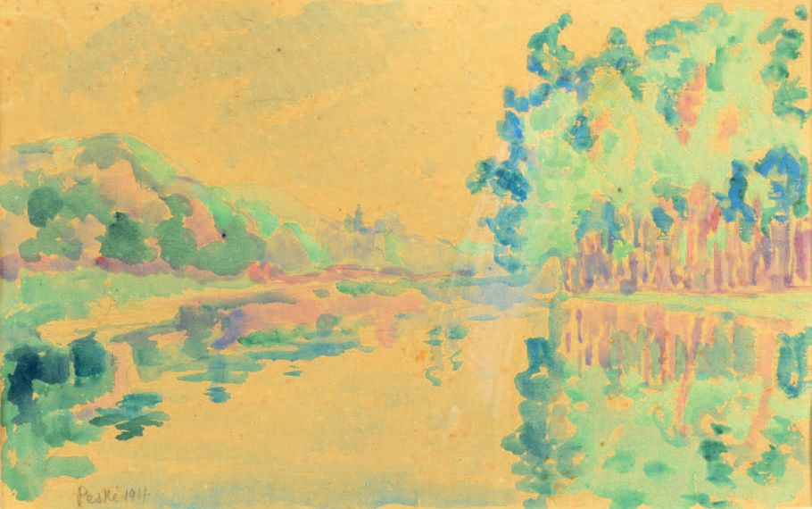 Jean PESKÉ (1880-1949) 河岸
水彩画，左下方有签名和日期。
22.5 x 35 cm