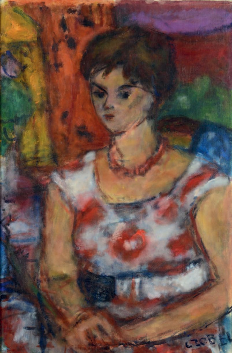 Béla Adalbert CZÓBEL (1883-1976) * 穿着花裙子的年轻女人，1960年
布面油画，右下方有签名。
81 x 54 cm
