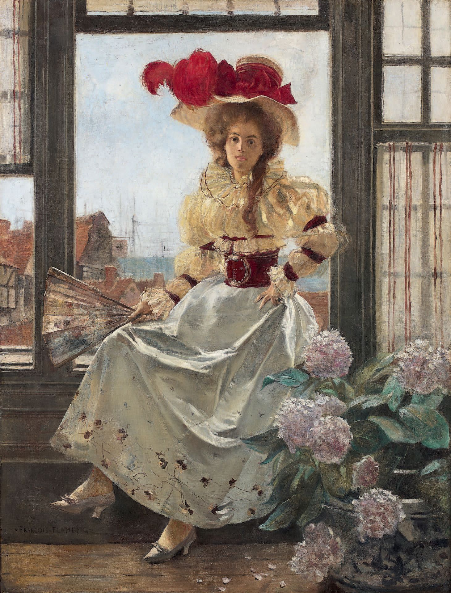 François FLAMENG (1856-1923) Donna elegante con ventaglio e ortensie seduta dava&hellip;