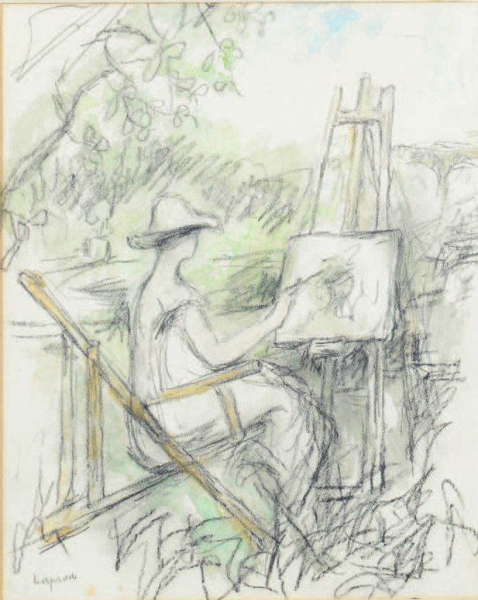 Pierre LAPRADE (1875-1931) 画家的主题
黑色铅笔画加上水彩画，左下方有签名。
32 x 26 cm