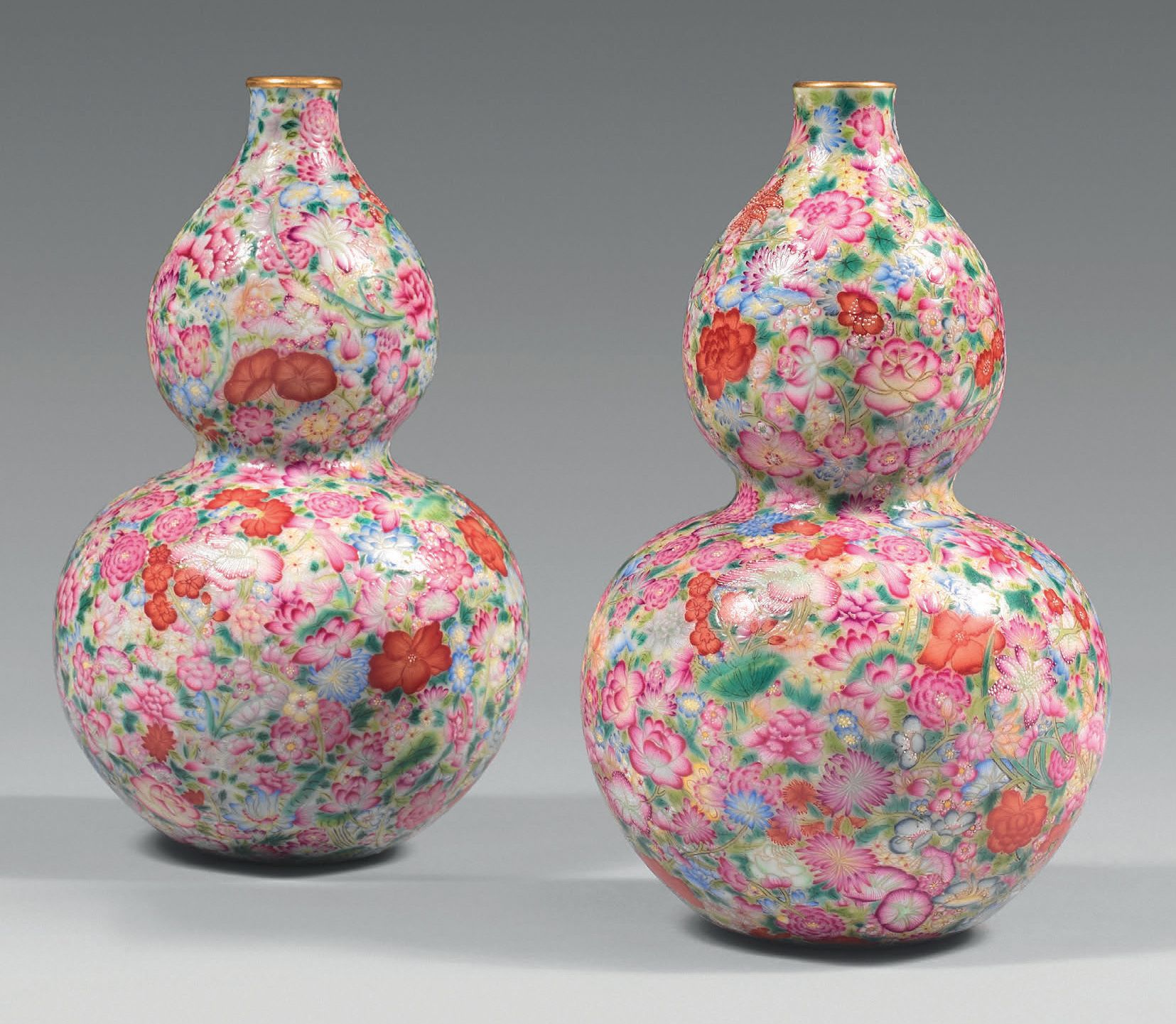 CHINE - XIXe siècle Coppia di vasi a doppia zucca in porcellana con bella decora&hellip;