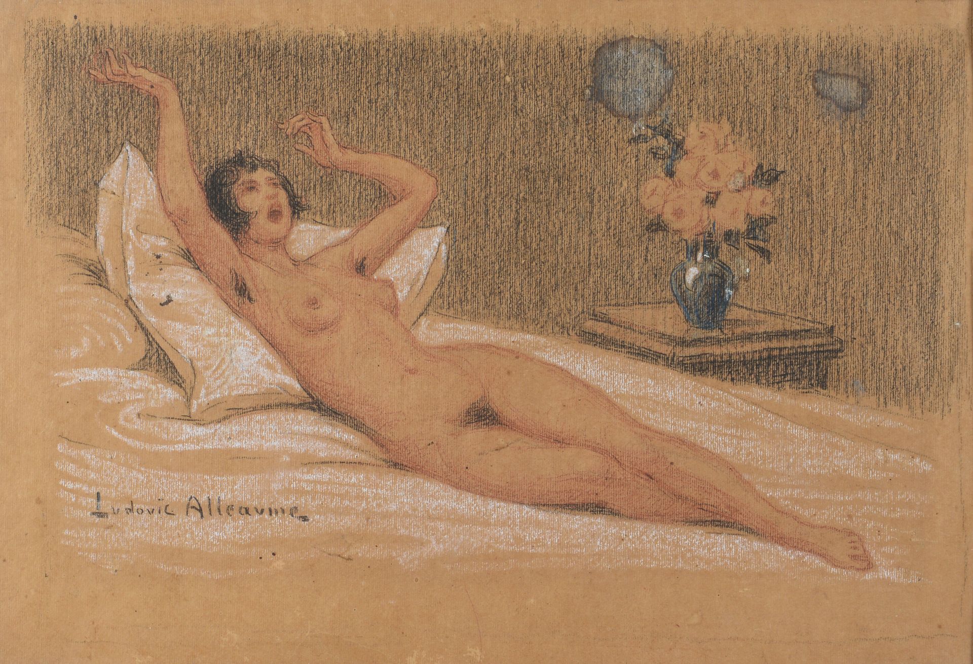Null Ludovic ALLEAUME (1859-1941)« Femme au réveil » Fusain et rehauts de craie.&hellip;