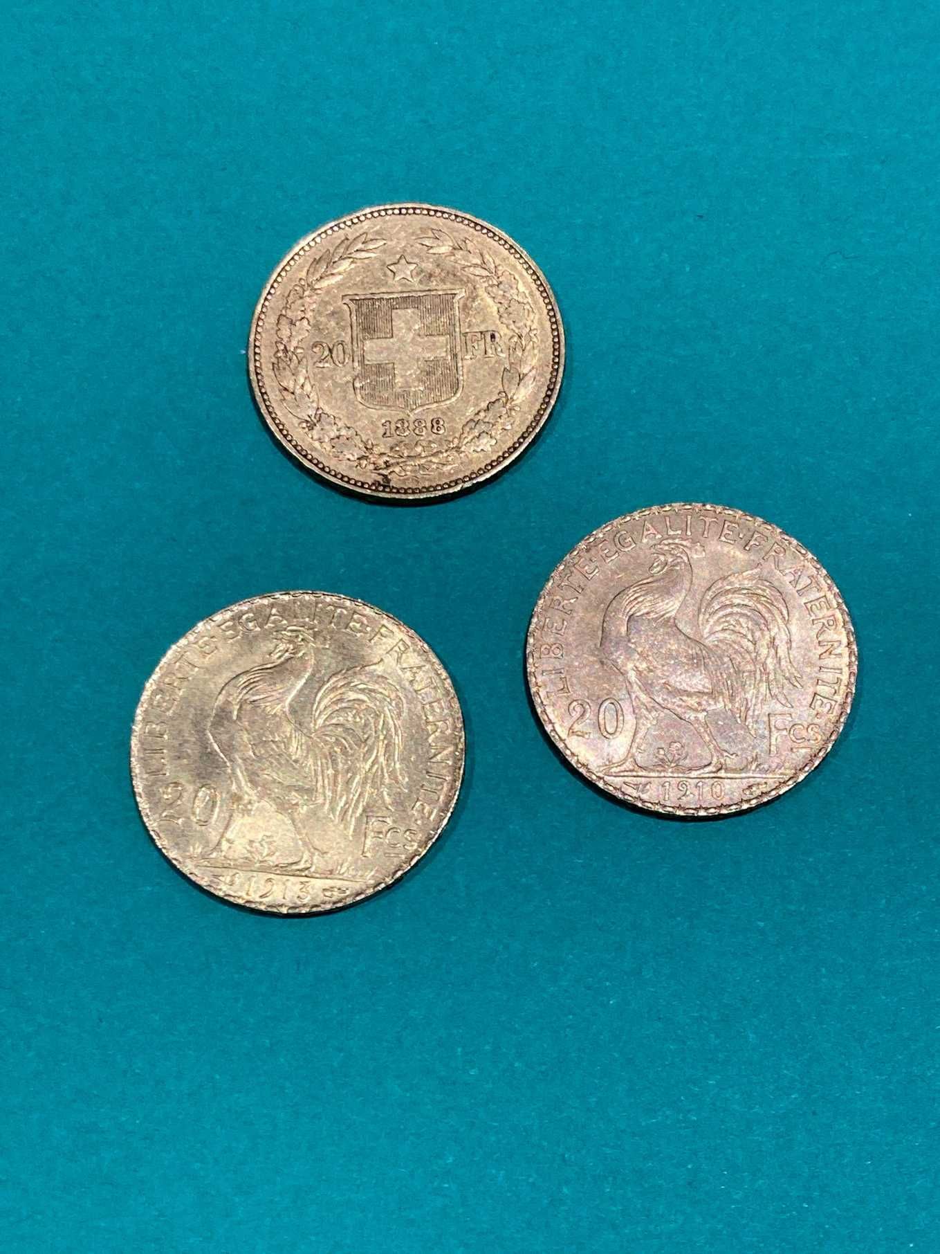Null Lote de 3 monedas de oro de 20fr (1910-1913 y 1883)