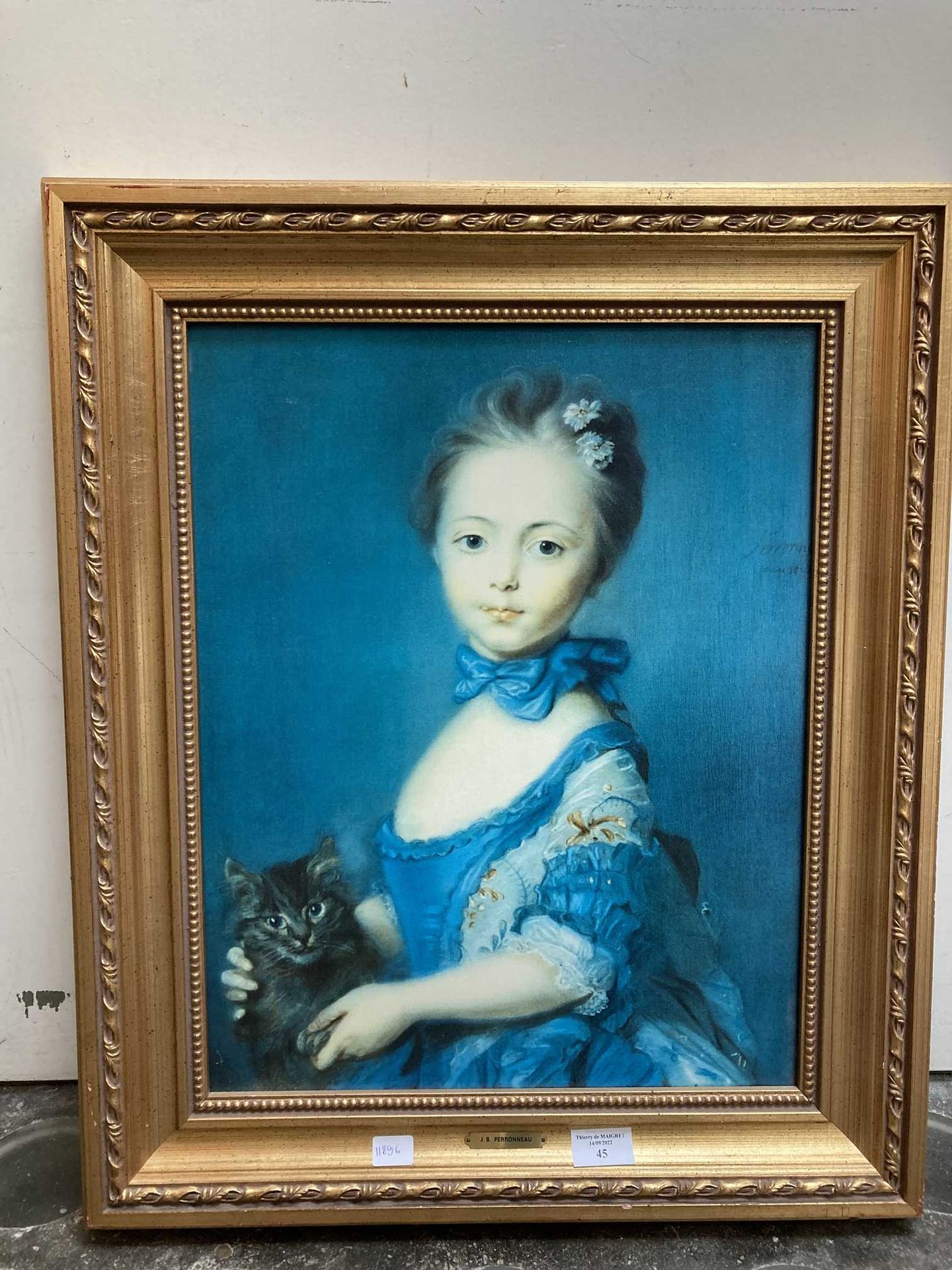 Null Print on canvas representing a young girl with a cat in the 18th century st&hellip;