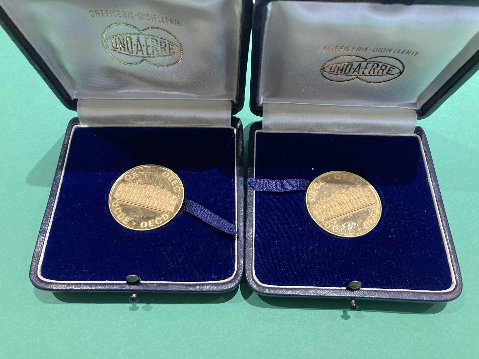 Null 2 Gedenkmünzen der OECD aus 750° Gold (20 Jahre Dienstzeit).

Gewicht: 30,5&hellip;