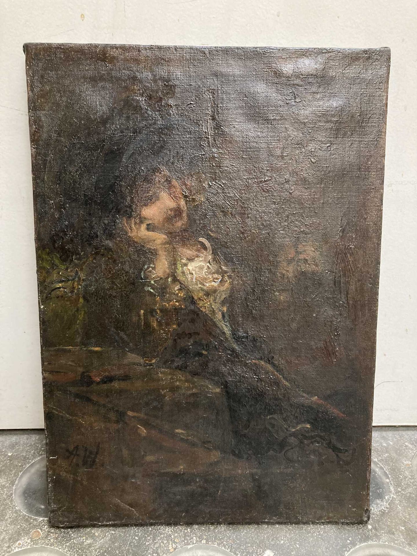 Null 19世纪的学校

一个女人的画像

布面油画，左下角有AW字样

46 x 32.56 厘米

(修复)