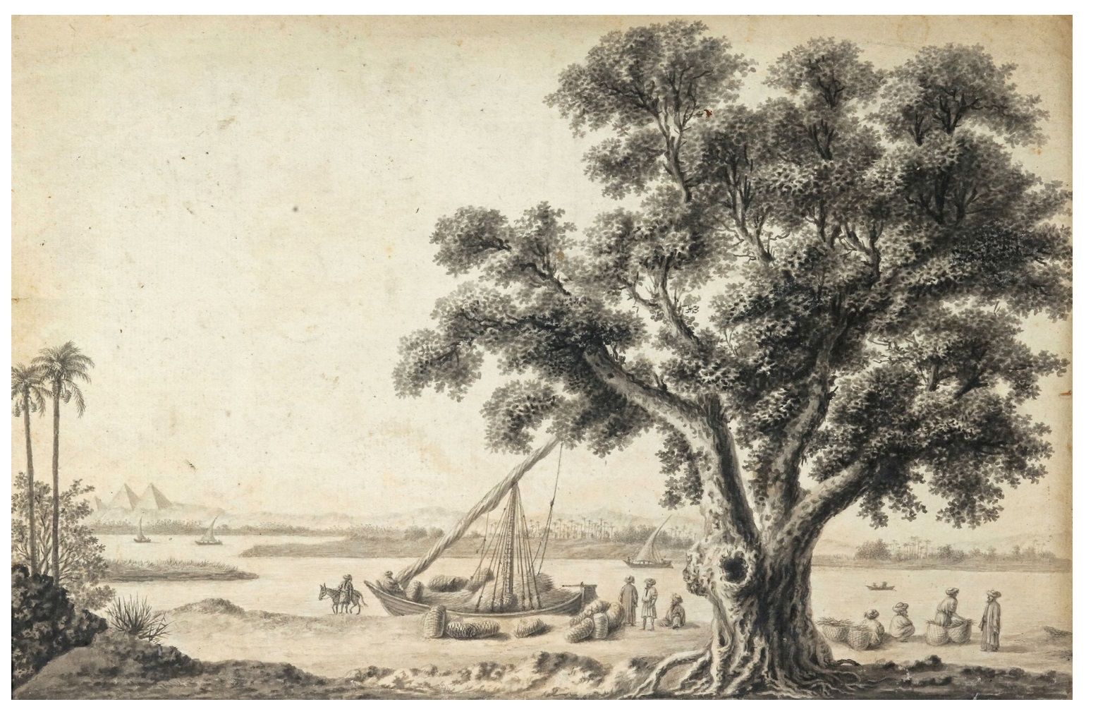 Null 法国学校 约1800年，Jean-Baptiste HILAIRE的随行人员 尼罗河风光 笔和灰墨水，黑色和灰色水洗 21.5 x 32 cm