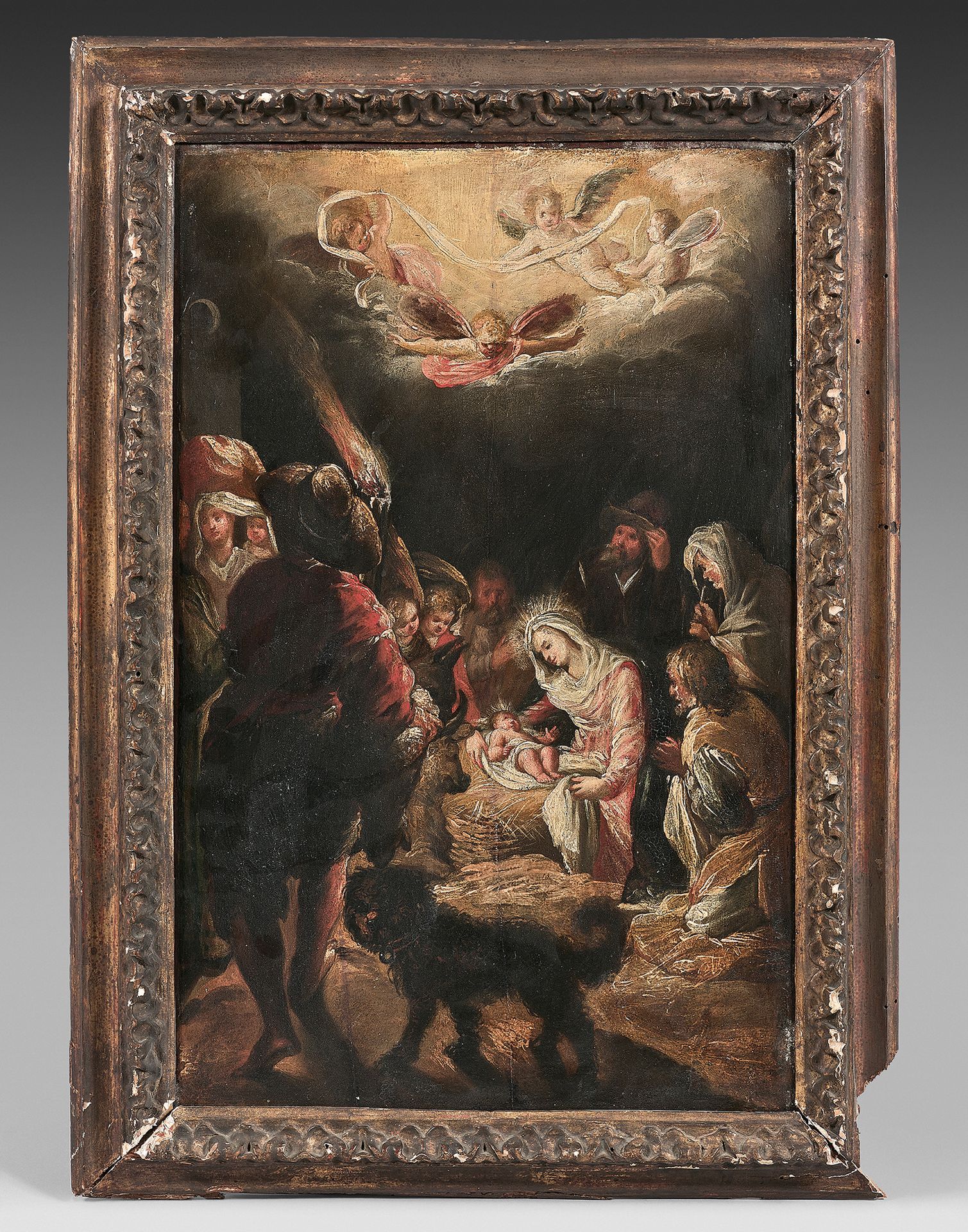 École AUTRICHIENNE du SUD du XVIIe siècle L'Adoration des bergers avec un chien
&hellip;