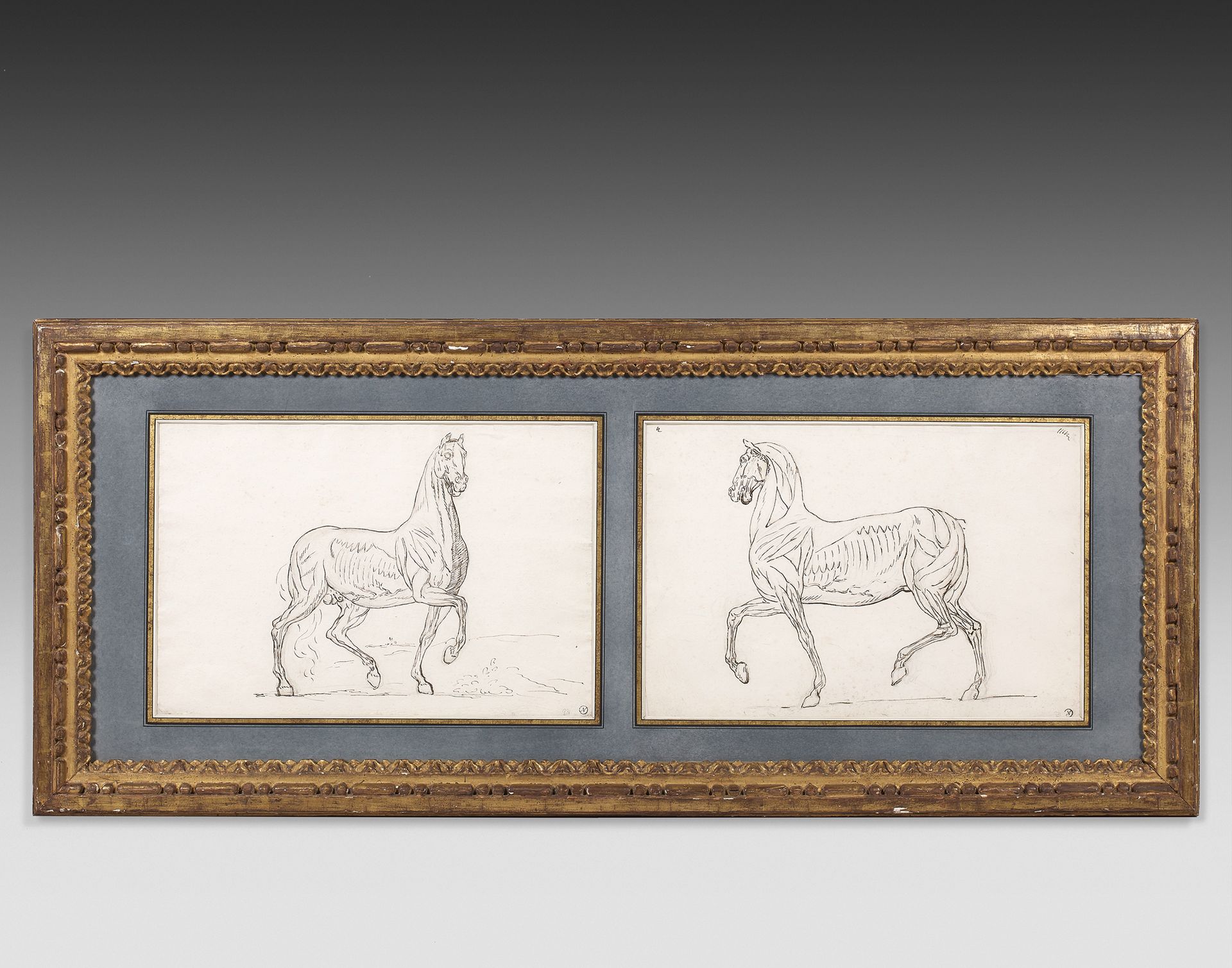 Jean Claude NAIGEON (Dijon 1753-1832) 两匹马
两幅画在同一个支架上，用钢笔和黑色墨水在黑色铅笔线条上画的。
右下角有编号9&hellip;