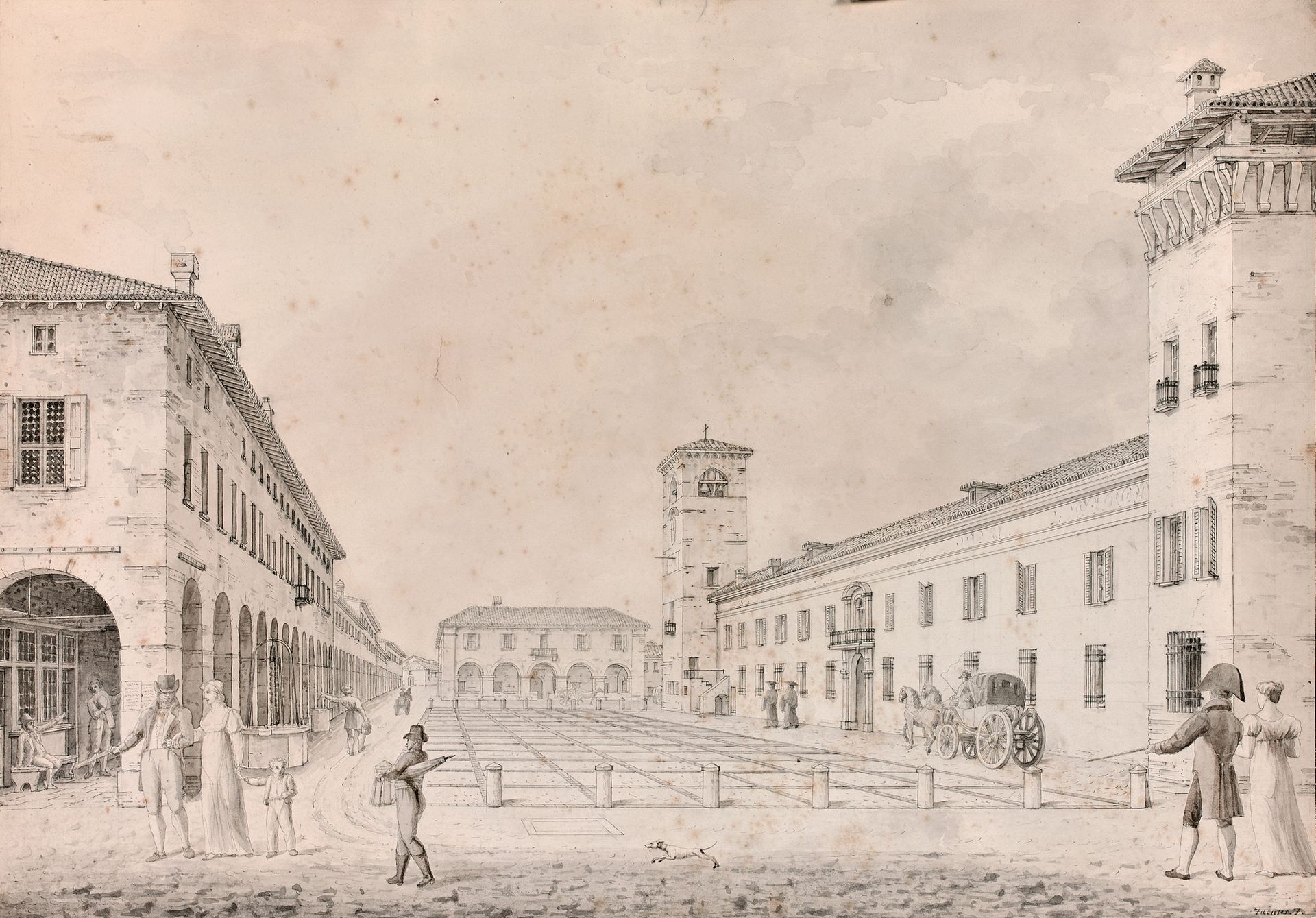 Giorgio FUENTES (Milan 1756-1821) 城镇广场上的步行者
钢笔和黑色墨水，灰色和棕色水洗。
41 x 57.5 cm
右下角签有F&hellip;