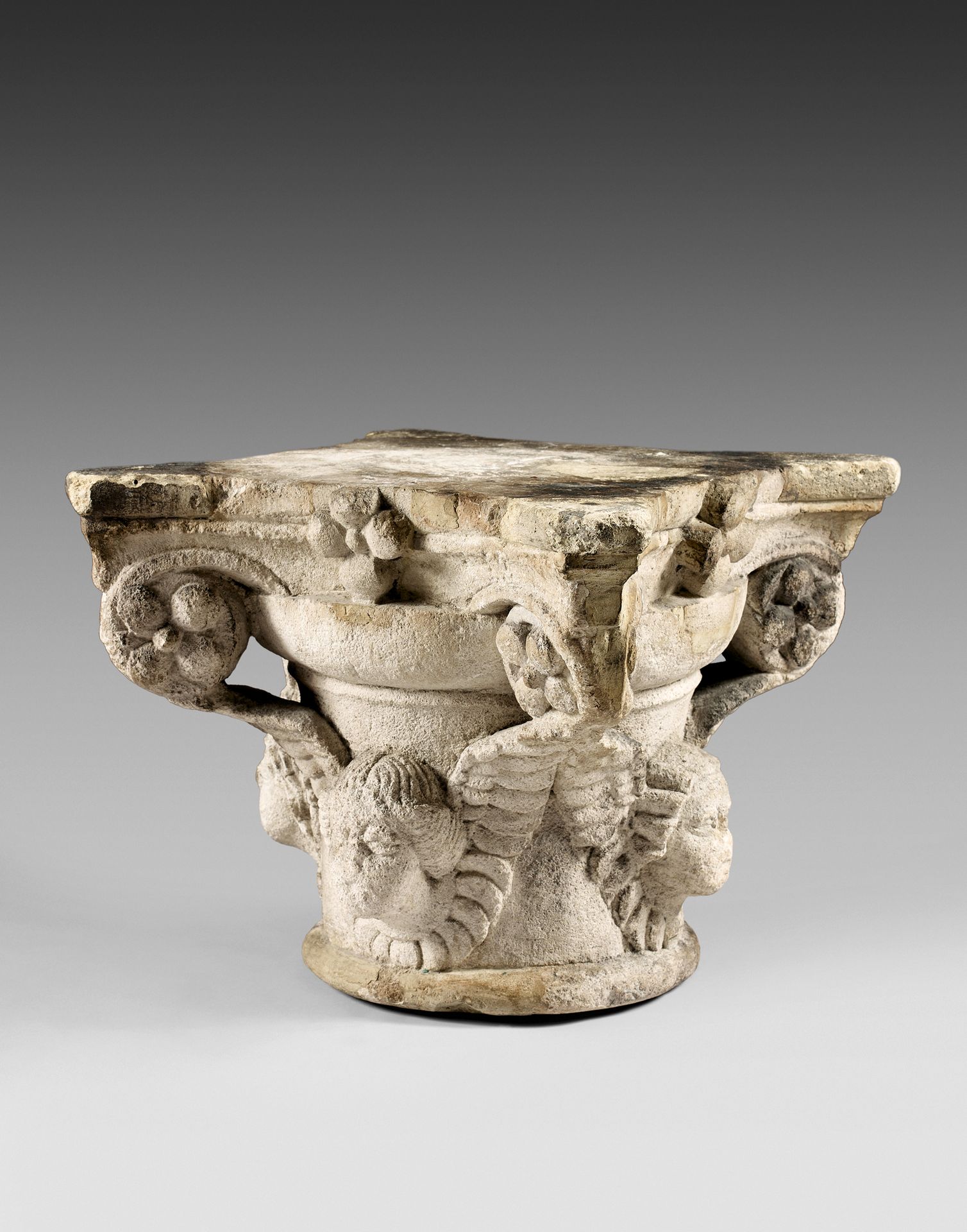 Null Elegant and curious capital in limestone carved on all sides, decorated wit&hellip;