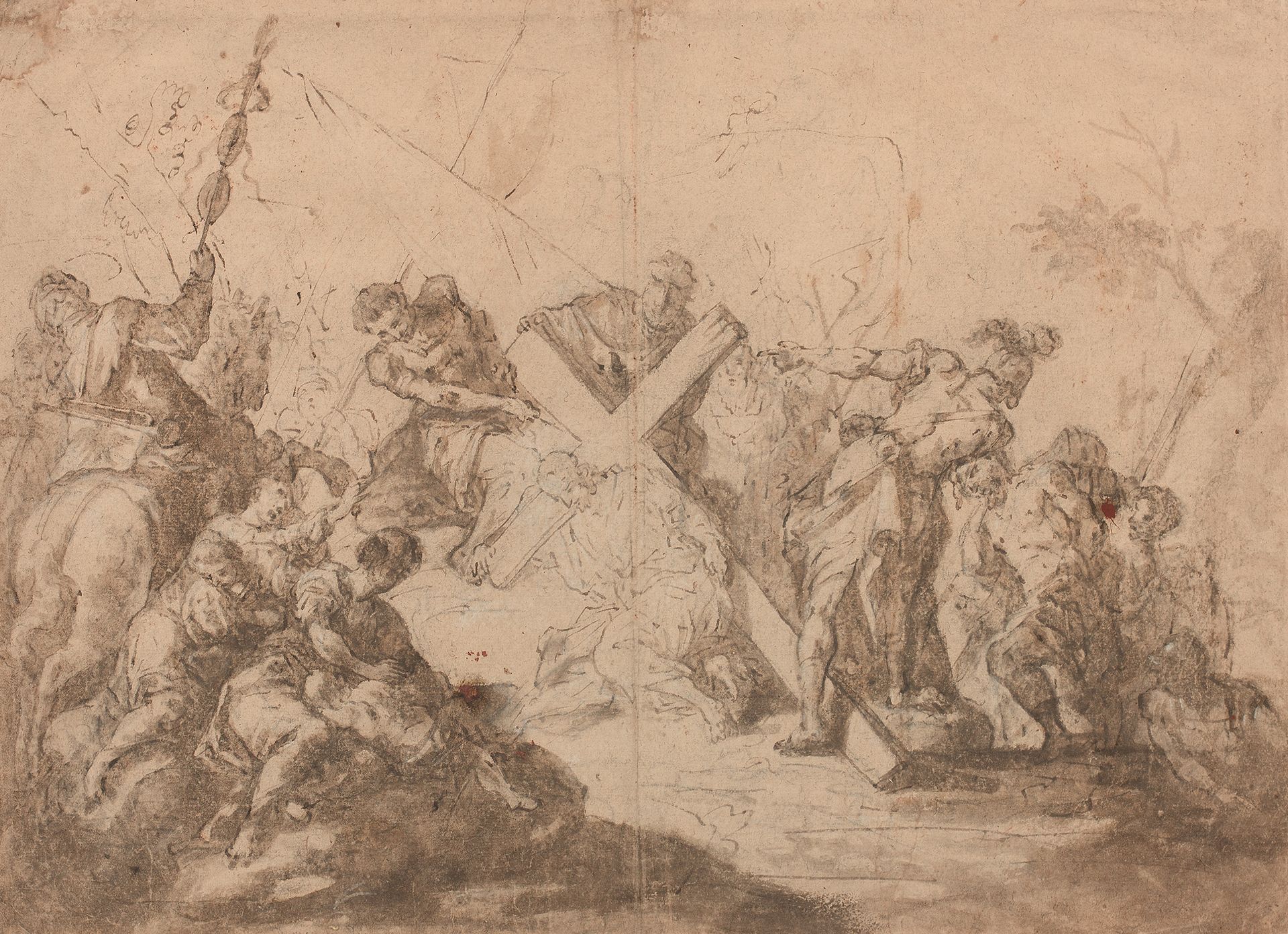 École ITALIENNE vers 1700 扛着十字架
钢笔和棕色墨水，棕色水洗，在两张组合的纸上。
41.5 x 58 厘米
磨损和撕裂。