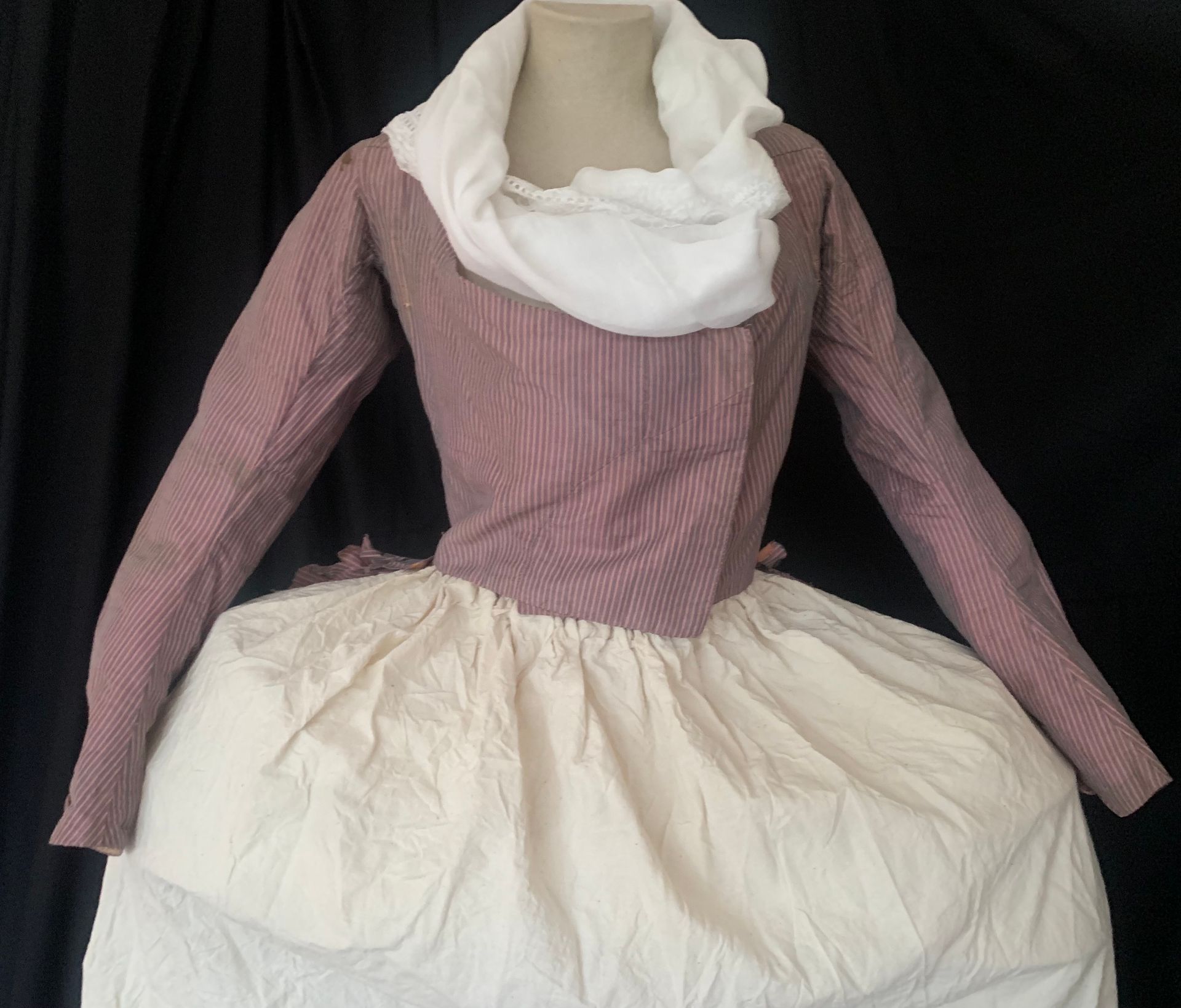 Null 约在1780-1790年，带巴斯克和长弯袖的卡萨金。
蓝色帕尔马背景上的粉色条纹路易丝，袖子衬里为印有珊瑚枝的棉布。与n°112号完全相同（一个门襟上&hellip;